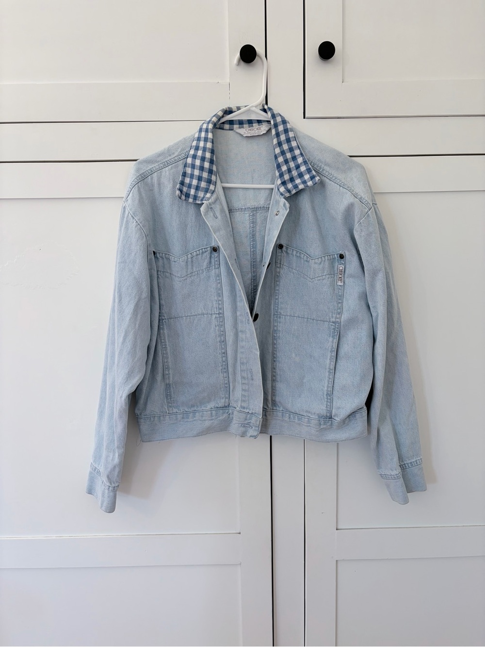 Vintage Cherokee Denim Gingham Collar Crop Jacket Size Medium
